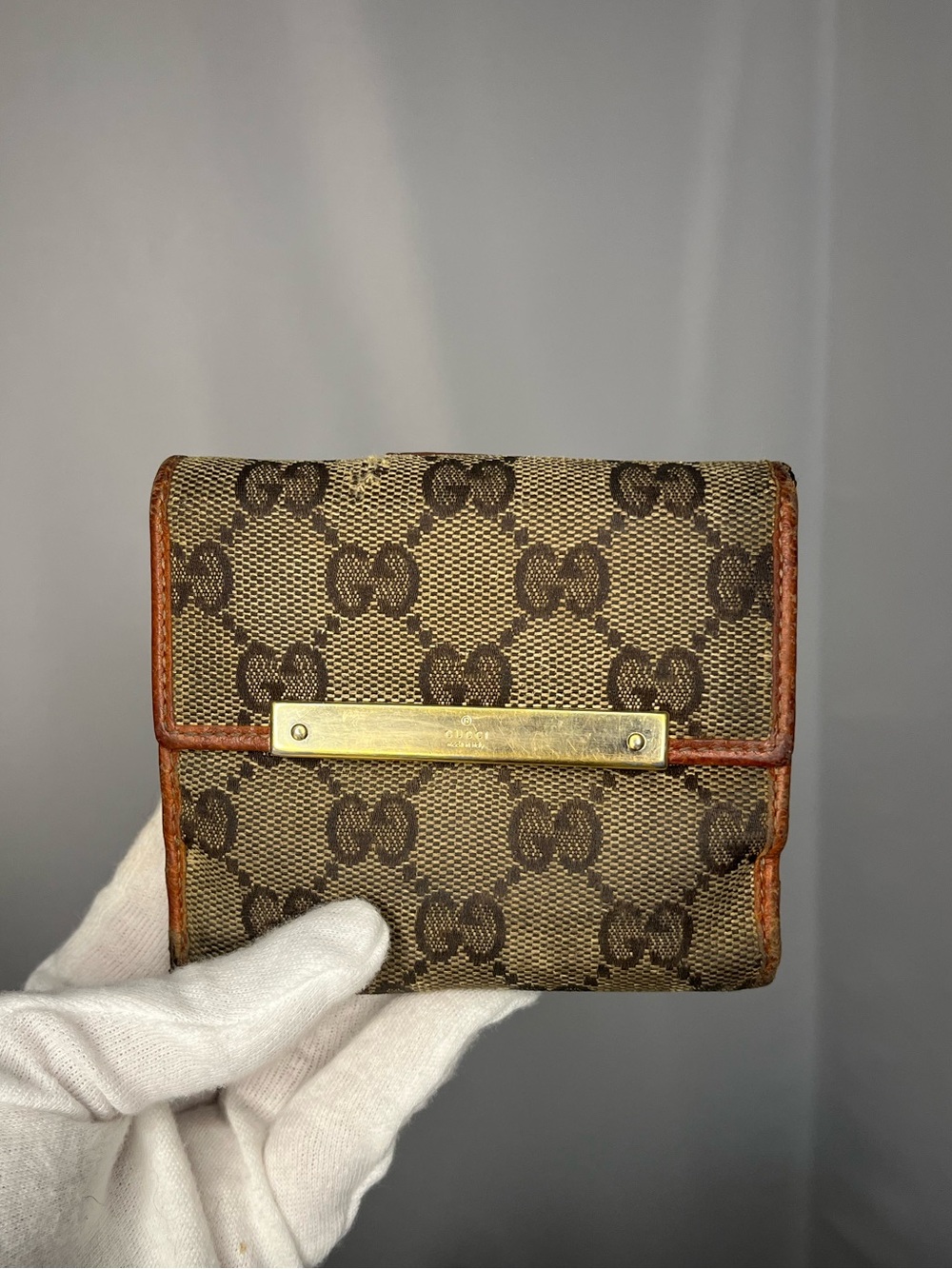Gucci GG Canvas Bifold Wallet - Brown with Tan Trim & Gold Plate